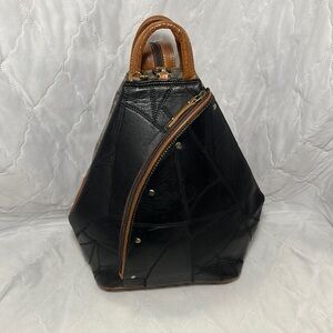 Black and Brown Faux Leather Shoulder Bag with Diagonal Zipper